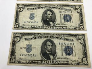 (4) Series of 1934 $5 Five Dollar Silver Certificate Blue Circulated Notes 3