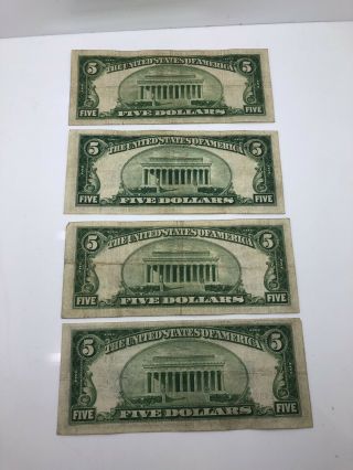 (4) Series of 1934 $5 Five Dollar Silver Certificate Blue Circulated Notes 5