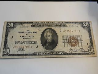 1929 $20.  Federal Reserve Bank Of Kansas City Missouri Note Circulated Ungraded
