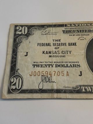 1929 $20.  Federal Reserve Bank of Kansas City Missouri note circulated ungraded 3
