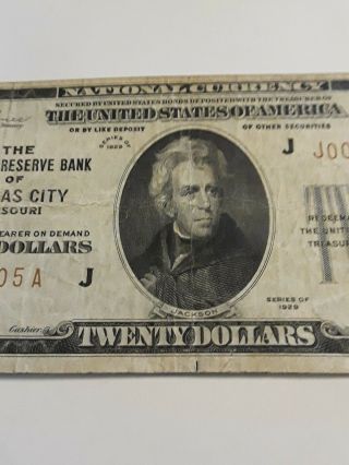 1929 $20.  Federal Reserve Bank of Kansas City Missouri note circulated ungraded 5