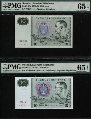 Tt Pk 52d & 52b 1976 - 85 & 1966 - 68 Sweden 10 Kronor Pmg 65 Epq Set Of Two Notes