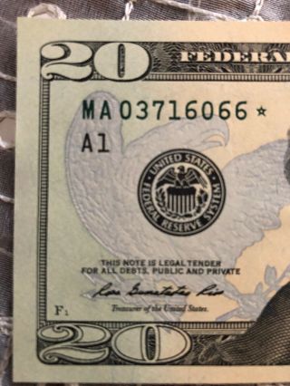 2013 $20 TWENTY DOLLAR BILL STAR ✯ NOTE BOSTON,  MA Federal Reserve MA 03716066 ✯ 4