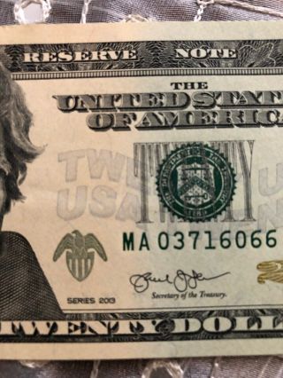 2013 $20 TWENTY DOLLAR BILL STAR ✯ NOTE BOSTON,  MA Federal Reserve MA 03716066 ✯ 6