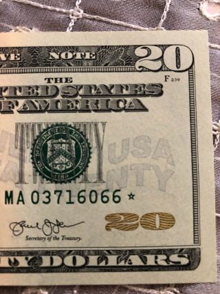 2013 $20 TWENTY DOLLAR BILL STAR ✯ NOTE BOSTON,  MA Federal Reserve MA 03716066 ✯ 7