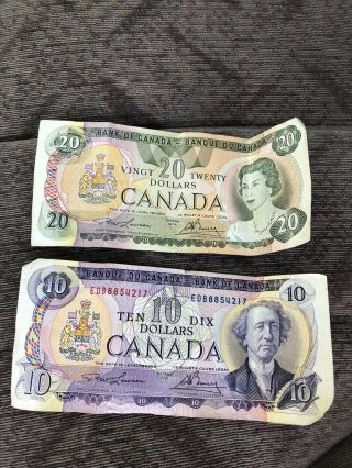 Vintage Canadian Currency 10 & 20 Note