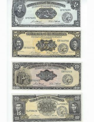 Philippines 1949 Set 2,  5,  10,  20 Pesos,  Unc See Scans