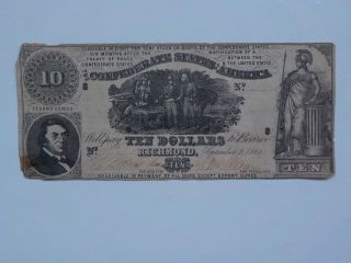 Civil War Confederate 1861 10 Dollar Bill Richmond Virginia Paper Money Currency