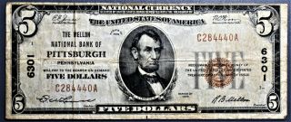1929 $5 Mellon National Bank Pittsburgh Type 1 Natl Currency 6301 Fr 2038 A1172