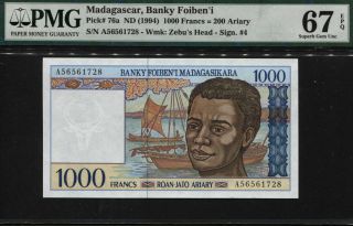 Tt Pk 76a Nd (1994) Madagascar 1000 Francs = 200 Ariary Pmg 67q Gem Unc