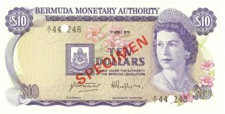 Bermuda $10 Dollars Currency Banknote 1978 Specimen Cu