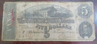 1864 $5 Confederate States Of America Note Richmond T - 69 Civil War Era 5 - 14