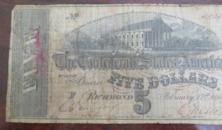 1864 $5 Confederate States of America Note Richmond T - 69 Civil War Era 5 - 14 2