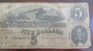 1864 $5 Confederate States of America Note Richmond T - 69 Civil War Era 5 - 14 3