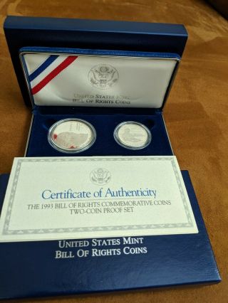 1993 Us Bill Of Rights Two - Coin Silver Proof Commemorative Set W/ Box,
