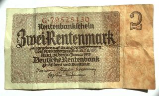 1937 Rentenbankschein Zwei Rentenmark 2 Rentenmark Series G Banknote