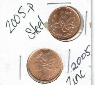 2005 - P Uncirculated Canadian Steel Core And 2005 Zinc Core Two Cent Types