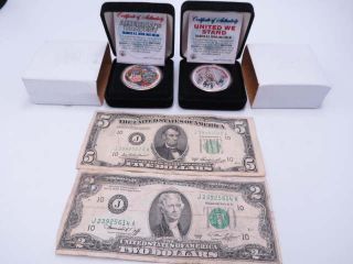 2 Colorized Silver American Eagle 1 Oz Silver Coins & $5,  $2 Green Seal Notes