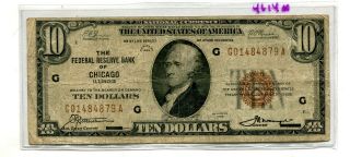 1929 $10 Chicago Illinois Brown Seal Currency Note Fine 4614m
