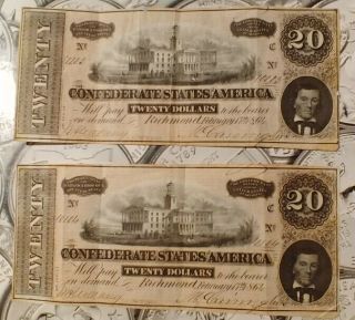 1864 Csa Confederate Currency Note $20 Dollar With Consecutive Serial Numbers