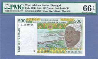 Pmg - 66 Epq Gem Unc West African States 500 Francs 2001 P - 710kl Senegal 735