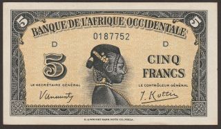 Ch Unc French West Africa P - 28a / B115a Wide V In Signature 5 Francs 752