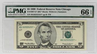 1999 $5 Federal Reserve Star Note Chicago Fr 1987 - G Pmg Gem Cu66 Gem Epq (257