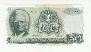 Norway 50 Kroner 1972 Circ.  /ef (center Fold,  Pinholes) P37b @