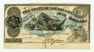 1863 Cr.  14 $5 State Of Louisiana " South Strikes Down Union " Note - Civil War Era