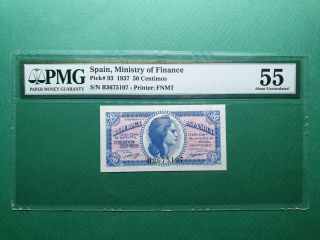 1937 Spain Ministry Of Finance 50 Pesetas P 93 Pmg 55 About Unc