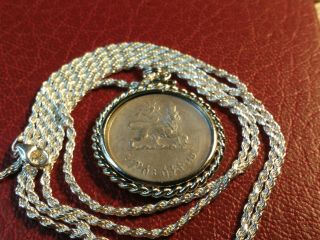 1944 Lion Of Judah Ethiopian Silver Coin Pendant & 28 " Italy Silver Rope Chain