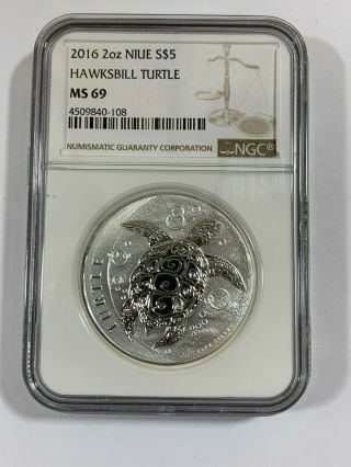 Ngc Niue Ms69 2016 5 Dollars 2 Oz.  999 Silver Coin - Hawksbill Sea Turtle