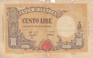 100 Lire Vg Banknote From Italy 1943 Pick - 59