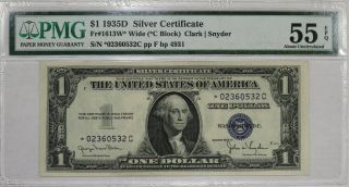 1935 D $1 Silver Certificate Wide Star Note Fr.  1613w C Block Pmg Au55 Epq (532c