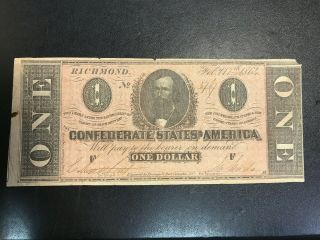 1864 $1 One Dollar Csa Confederate States Of America Note Circulated W/ Lg Tear