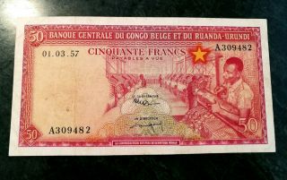 Central Bank Of Congo Belge Et Du Ruanda Urundi 50 Francs 1957 Banknote