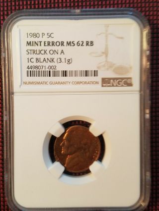 Ngc 5c 1980 Jefferson Nickel P On A 1980 Struck On A 1c Blank (3.  1g) Ms - 62 Rb.