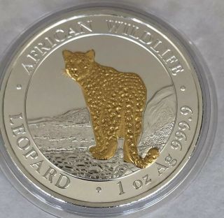 LEOPARD African Wildlife 1 oz.  999 Silver Gold Gilded Coin Somalia 2018 4