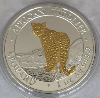 LEOPARD African Wildlife 1 oz.  999 Silver Gold Gilded Coin Somalia 2018 5