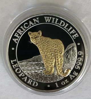 LEOPARD African Wildlife 1 oz.  999 Silver Gold Gilded Coin Somalia 2018 6