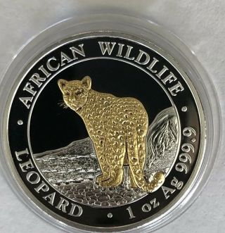 LEOPARD African Wildlife 1 oz.  999 Silver Gold Gilded Coin Somalia 2018 7