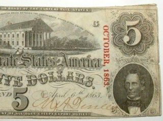 1863 Confederate States Of America Five Dollar Currency Bill Note W/ Cancel Mark