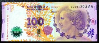Argentina Banknote 100 Pesos,  Pick 358b Unc 2016 - Evita (low Serial Number)