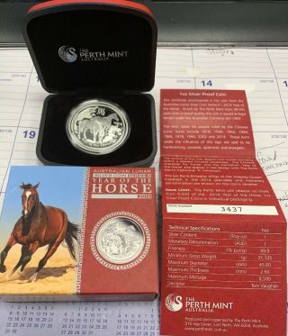 2014 Australian Lunar Year Of The Horse 1oz.  Silver Coin Proof Series 2 Box &