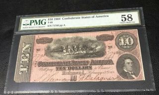 1864 $10 Ten Dollar Csa Confederate States Of America Note T - 68 Ch Au Pmg 58
