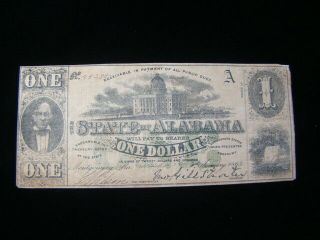 1863 The State Of Alabama $1.  00 Banknote Very Fine Signed