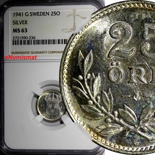 Sweden Gustaf V Silver 1941 G 25 Ore Ngc Ms63 Wwii Issue Top Graded Coin Km 785