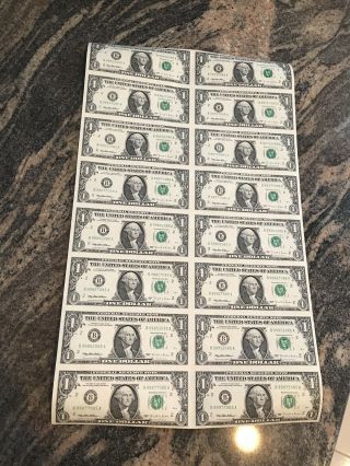1995 Uncut Sheet Of 16 $1.  00 Dollar Bill’s