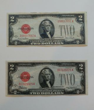 Set Of Two 1928 Two Dollar $2 Red Seal Bills