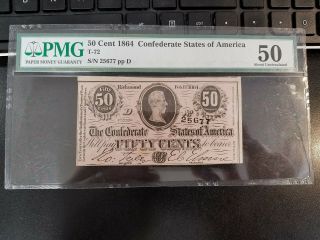 1864 Csa Confederate States Of America 50 Cents Pmg 50 T - 72